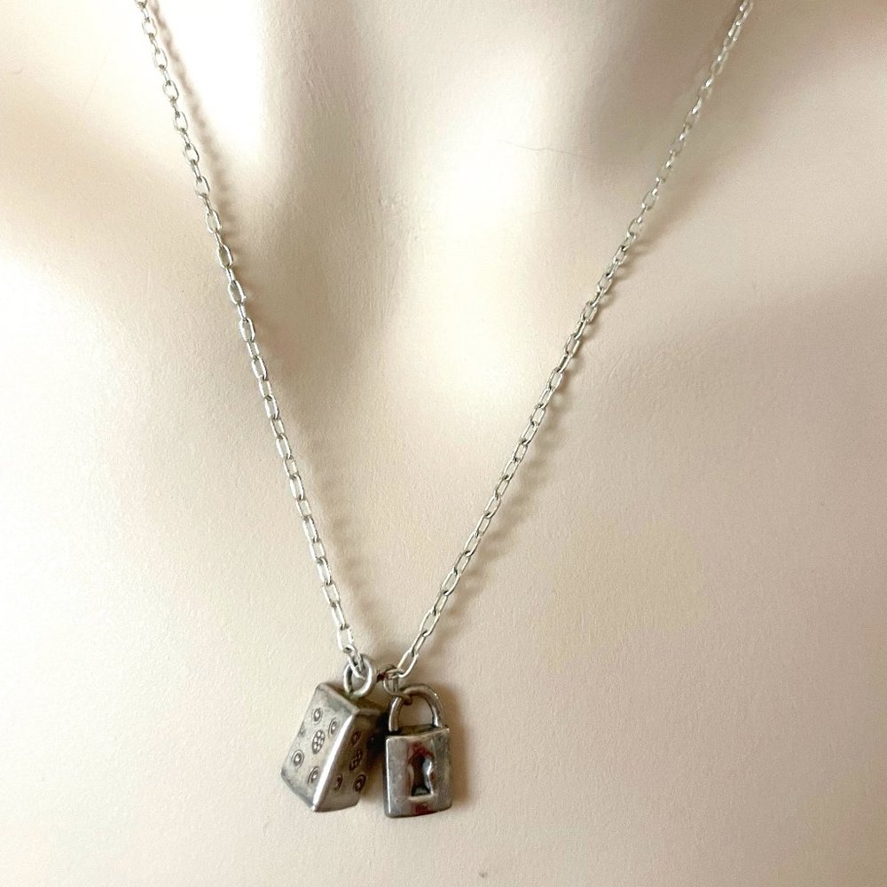 Sterling Silver Pendant Necklace with 2 Charms Padlock Triangle Made in Germany